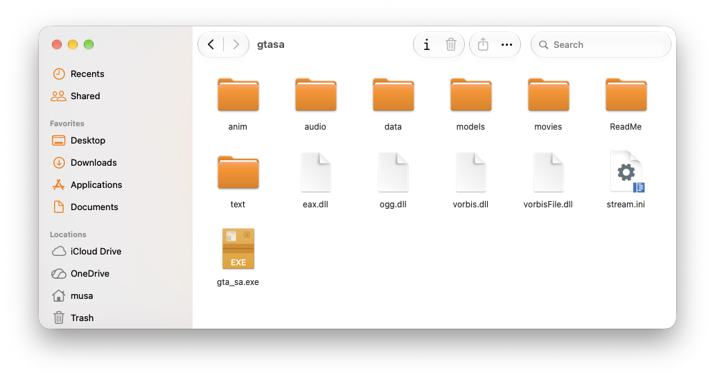 Finder window showing a gtasa folder containing anim, audio, data, models, movies, text folders and gta_sa.exe