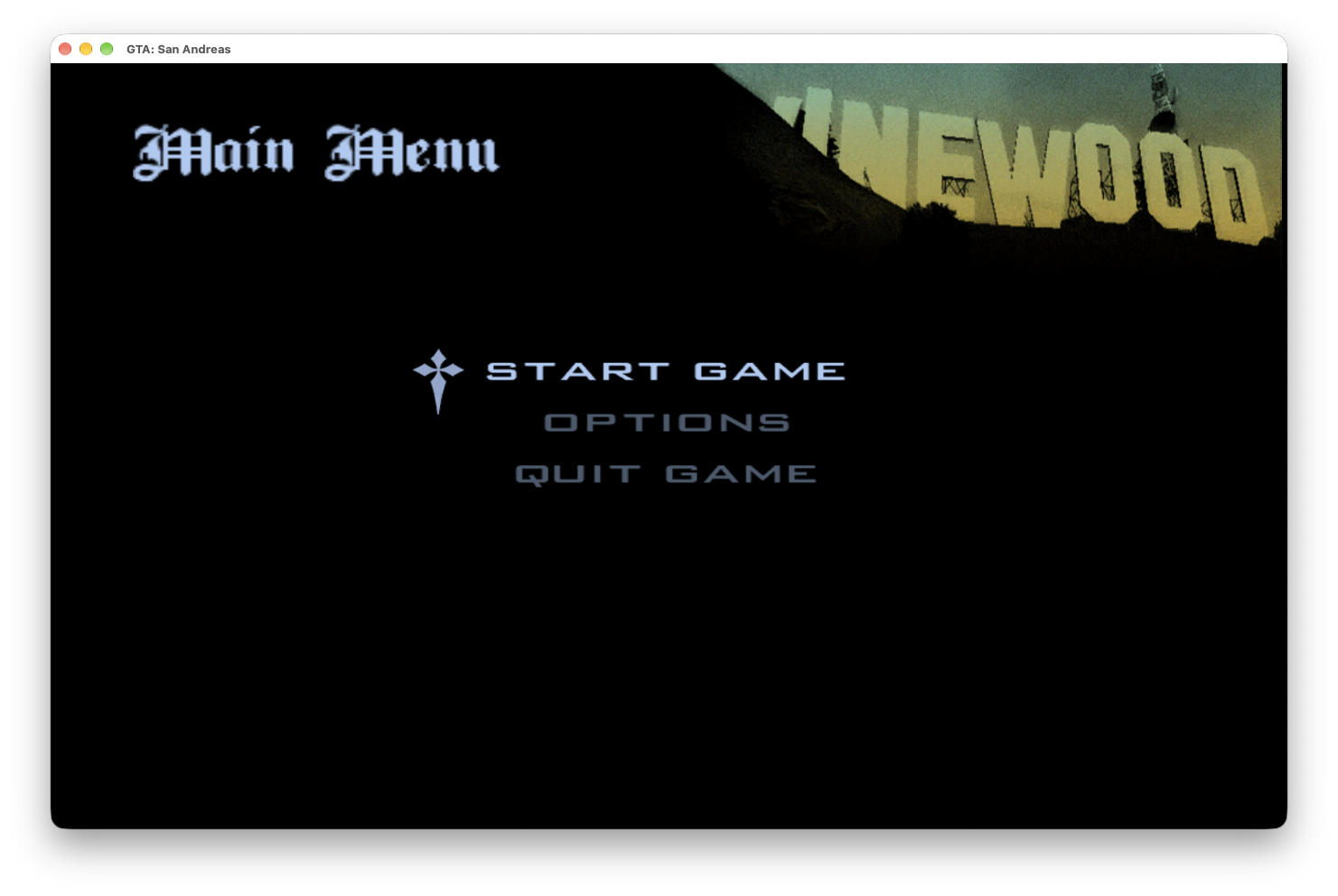 GTA: San Andreas main menu running in a macOS window