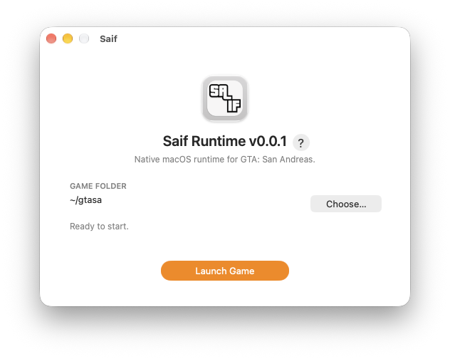The Saif launcher window with a game folder selected and a Launch Game button